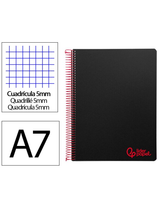 Cuaderno espiral liderpapel a7 micro wonder tapa plastico 100h 90gr cuadro 5mm 4 bandas color negro