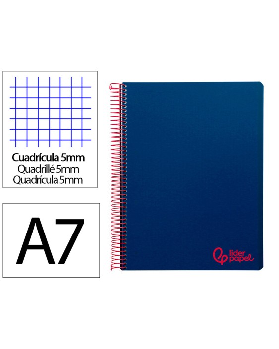 Cuaderno espiral liderpapel a7 micro wonder tapa plastico 100h 90gr cuadro 5mm 4 bandas color azul marino