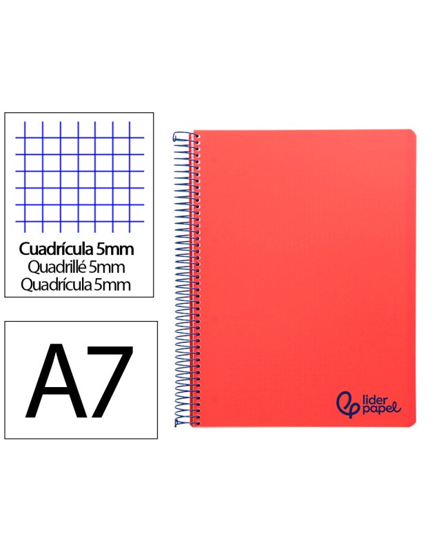 Cuaderno espiral liderpapel a7 micro wonder tapa plastico 100h 90gr cuadro 5mm 4 bandas color rojo