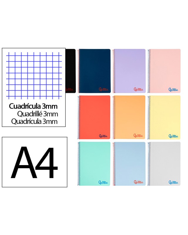 Cuaderno espiral liderpapel a4 wonder tapa plastico 80h 90gr cuadro 3mm con margen colores surtidos