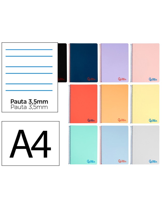 Cuaderno espiral liderpapel a4 wonder tapa plastico 80h 90gr pauta ancha 3,5mm con margen colores surtidos