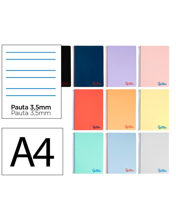 Cuaderno espiral liderpapel a4 wonder tapa plastico 80h 90gr pauta ancha 3,5mm con margen colores surtidos