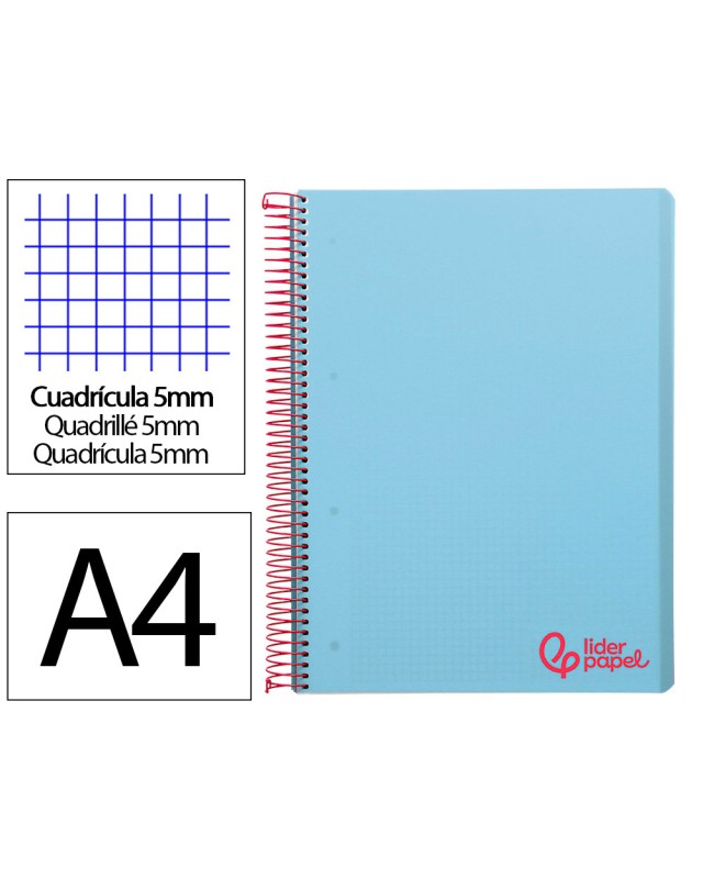 Cuaderno espiral liderpapel a4 micro wonder tapa plastico 120h 90gr cuadro 5mm 5 banda 4 taladros color celeste