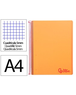 Cuaderno espiral liderpapel a4 micro wonder tapa plastico 120h 90gr cuadro 5mm 5 banda 4 taladros color naranja