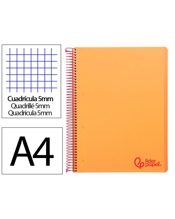 Cuaderno espiral liderpapel a4 micro wonder tapa plastico 120h 90gr cuadro 5mm 5 banda 4 taladros color naranja