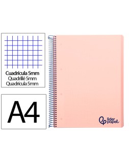 Cuaderno espiral liderpapel a4 micro wonder tapa plastico 120h 90gr cuadro 5mm 5 bandas 4 taladros color rosa