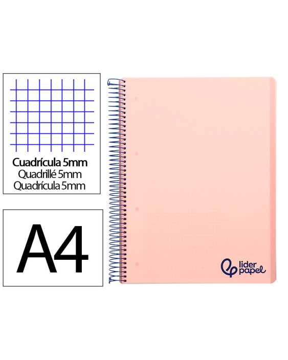 Cuaderno espiral liderpapel a4 micro wonder tapa plastico 120h 90gr cuadro 5mm 5 bandas 4 taladros color rosa