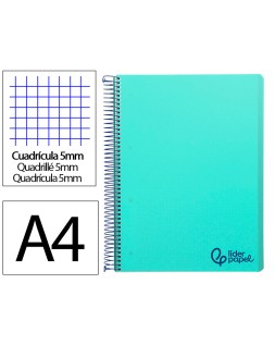 Cuaderno espiral liderpapel a4 micro wonder tapa plastico 120h 90gr cuadro 5mm 5 banda 4 taladro color verde turquesa