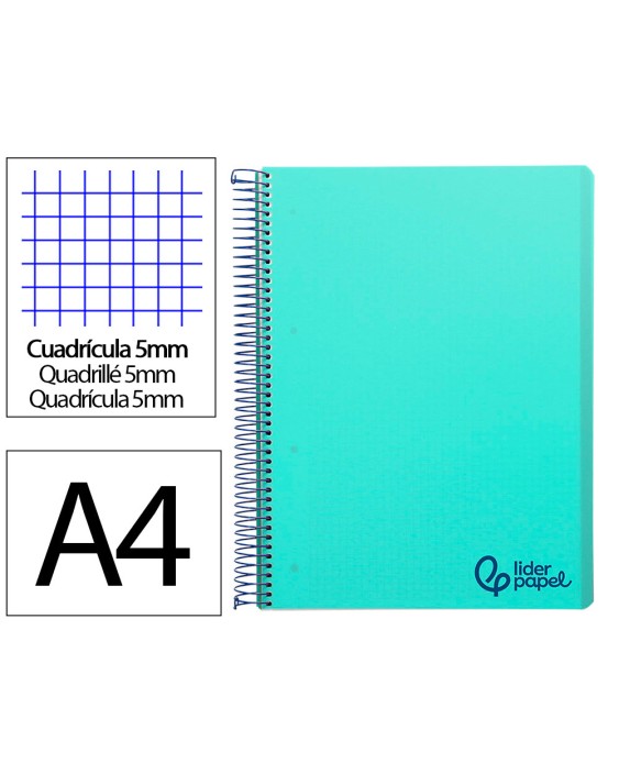 Cuaderno espiral liderpapel a4 micro wonder tapa plastico 120h 90gr cuadro 5mm 5 banda 4 taladro color verde turquesa