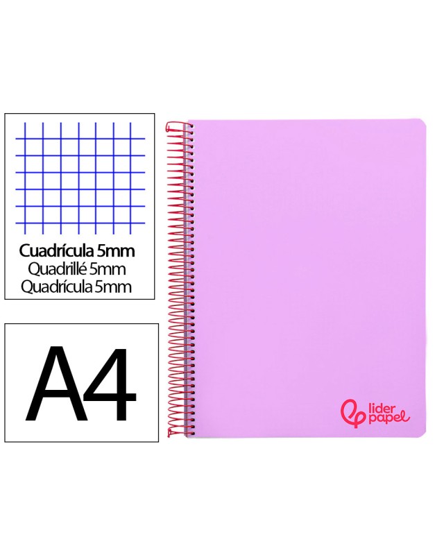 Cuaderno espiral liderpapel a4 micro wonder tapa plastico 120h 90gr cuadro 5mm 5 banda 4 taladros color lila