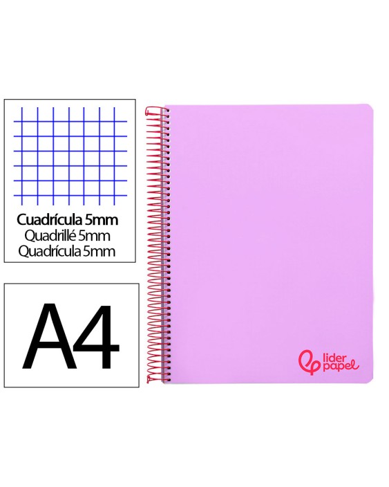 Cuaderno espiral liderpapel a4 micro wonder tapa plastico 120h 90gr cuadro 5mm 5 banda 4 taladros color lila