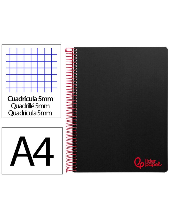 Cuaderno espiral liderpapel a4 micro wonder tapa plastico 120h 90 gr cuadro 5mm 5 bandas 4 taladros color negro