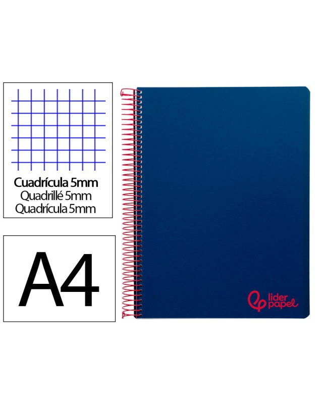 Cuaderno espiral liderpapel a4 micro wonder tapa plastico 120h 90gr cuadro 5mm 5 banda 4 taladros color azul marino