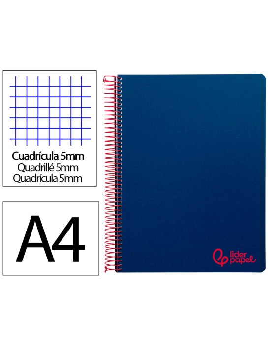 Cuaderno espiral liderpapel a4 micro wonder tapa plastico 120h 90gr cuadro 5mm 5 banda 4 taladros color azul marino