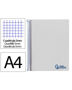 Cuaderno espiral liderpapel a4 micro wonder tapa plastico 120h 90gr cuadro 5mm 5 bandas 4 taladros color gris