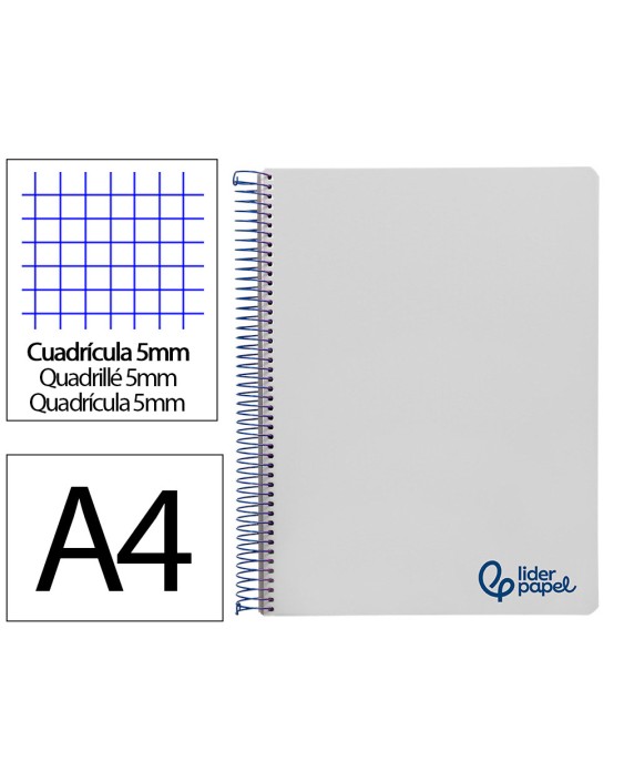 Cuaderno espiral liderpapel a4 micro wonder tapa plastico 120h 90gr cuadro 5mm 5 bandas 4 taladros color gris