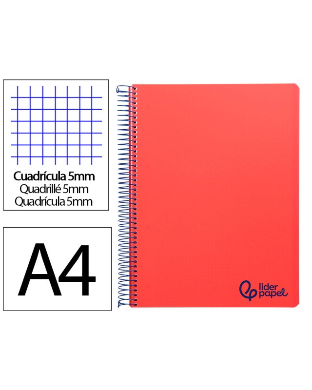 Cuaderno espiral liderpapel a4 micro wonder tapa plastico 120h 90gr cuadro 5mm 5 bandas 4 taladros color rojo
