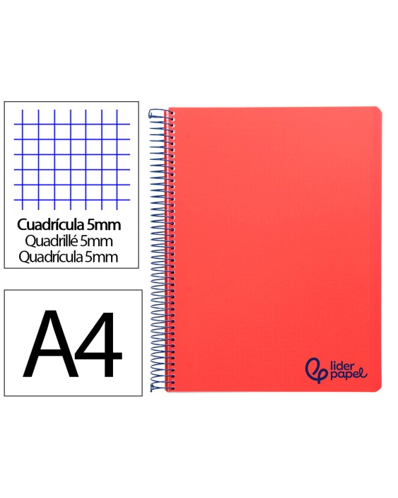 Cuaderno espiral liderpapel a4 micro wonder tapa plastico 120h 90gr cuadro 5mm 5 bandas 4 taladros color rojo