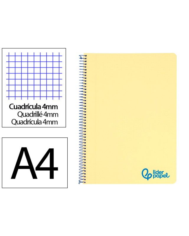 Cuaderno espiral liderpapel a4 wonder tapa plastico 80h 90gr cuadro 4mm con margen color amarillo