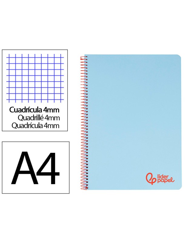 Cuaderno espiral liderpapel a4 wonder tapa plastico 80h 90gr cuadro 4mm con margen color azul