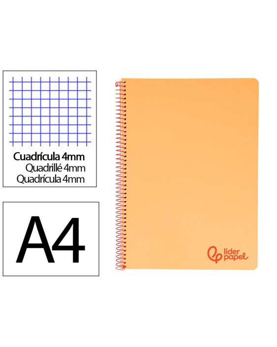 Cuaderno espiral liderpapel a4 wonder tapa plastico 80h 90gr cuadro 4mm con margen color naranja