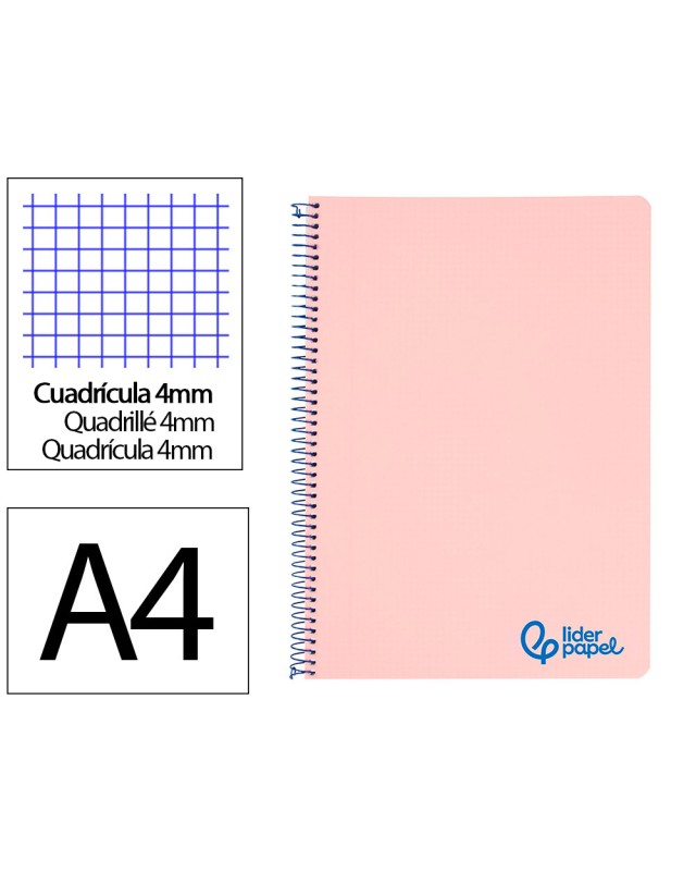 Cuaderno espiral liderpapel a4 wonder tapa plastico 80h 90gr cuadro 4mm con margen color rosa