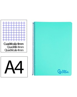 Cuaderno espiral liderpapel a4 wonder tapa plastico 80h 90gr cuadro 4mm con margen color verde pastel