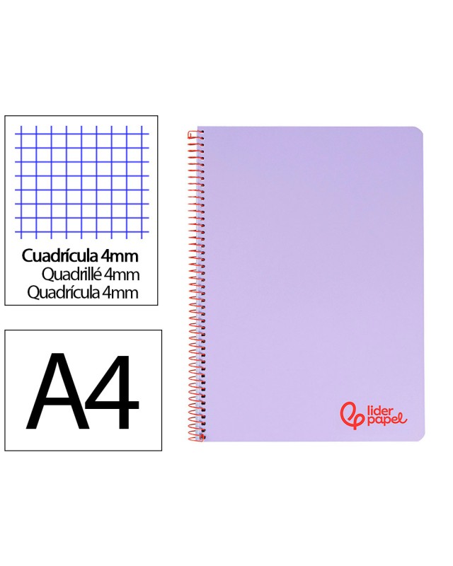 Cuaderno espiral liderpapel a4 wonder tapa plastico 80h 90gr cuadro 4mm con margen color violeta
