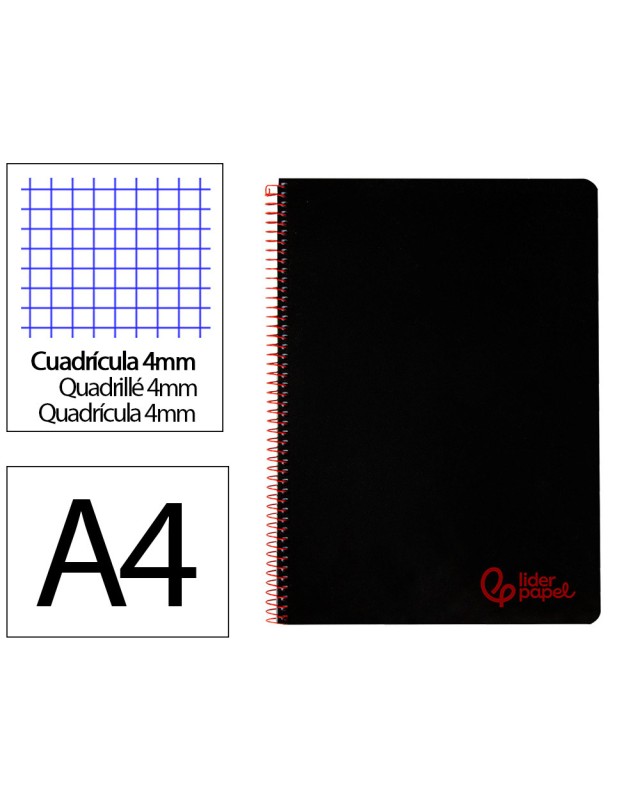 Cuaderno espiral liderpapel a4 wonder tapa plastico 80h 90gr cuadro 4mm con margen color negro