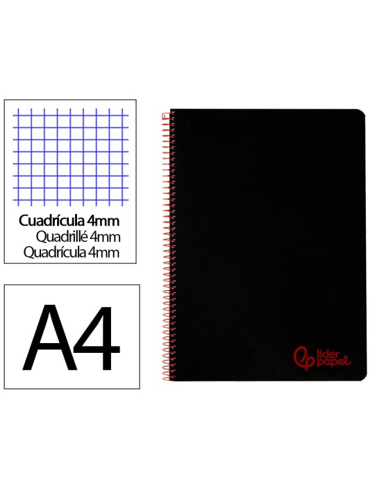 Cuaderno espiral liderpapel a4 wonder tapa plastico 80h 90gr cuadro 4mm con margen color negro