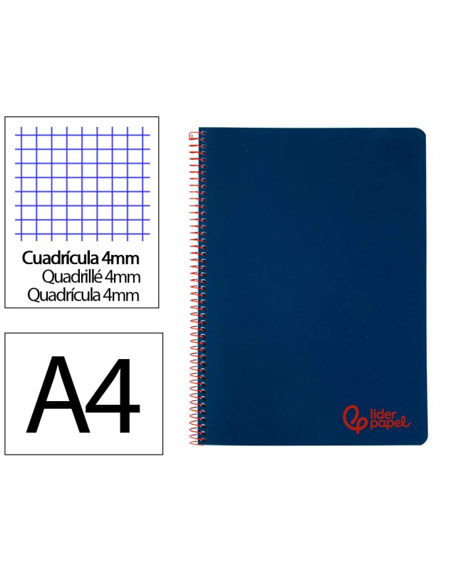 Cuaderno espiral liderpapel a4 wonder tapa plastico 80h 90gr cuadro 4mm con margen color azul marino