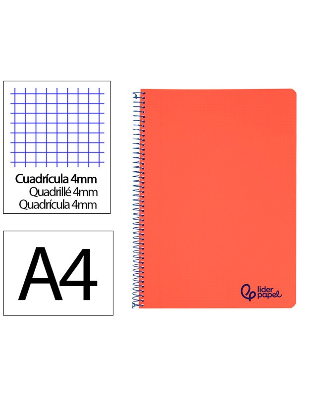 Cuaderno espiral liderpapel a4 wonder tapa plastico 80h 90gr cuadro 4mm con margen color rojo