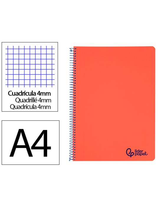 Cuaderno espiral liderpapel a4 wonder tapa plastico 80h 90gr cuadro 4mm con margen color rojo