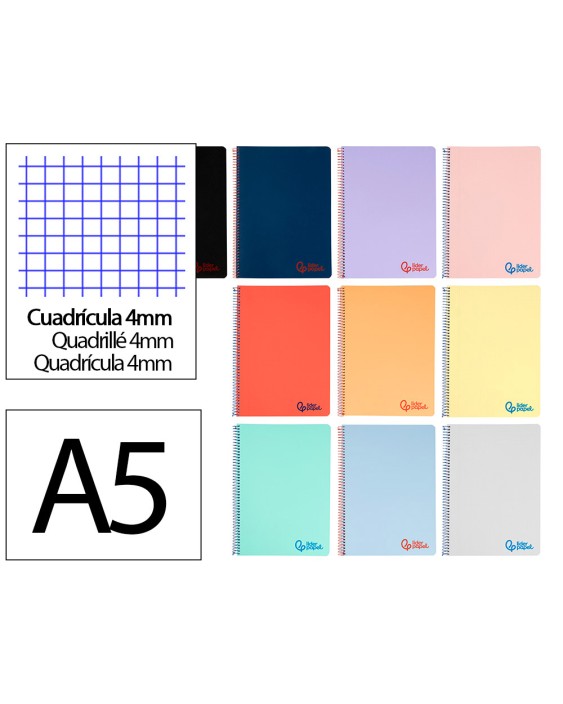 Cuaderno espiral liderpapel a5 wonder tapa plastico 80h 90gr cuadro 4mm con margen colores surtidos