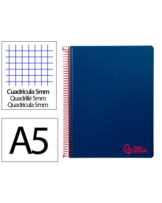 Cuaderno espiral liderpapel a5 micro wonder tapa plastico 120h 90gr cuadro 5mm 5 bandas 6 taladros color azul marino