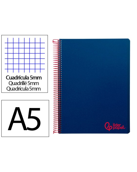 Cuaderno espiral liderpapel a5 micro wonder tapa plastico 120h 90gr cuadro 5mm 5 bandas 6 taladros color azul marino