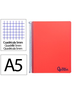 Cuaderno espiral liderpapel a5 micro wonder tapa plastico 120h 90gr cuadro 5mm 5 bandas 6 taladros color rojo