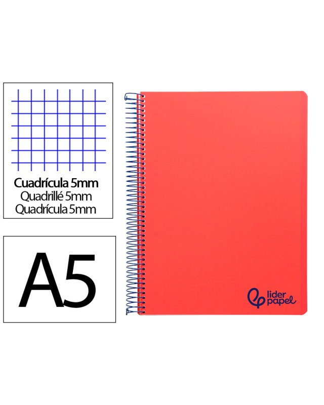 Cuaderno espiral liderpapel a5 micro wonder tapa plastico 120h 90gr cuadro 5mm 5 bandas 6 taladros color rojo