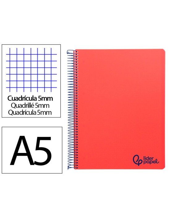 Cuaderno espiral liderpapel a5 micro wonder tapa plastico 120h 90gr cuadro 5mm 5 bandas 6 taladros color rojo