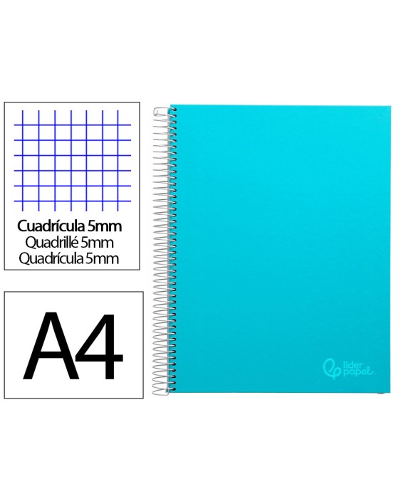 Cuaderno espiral liderpapel a4 micro jolly tapa forrada 140h 75gr cuadro 5mm 5 bandas 4 taladros color celeste