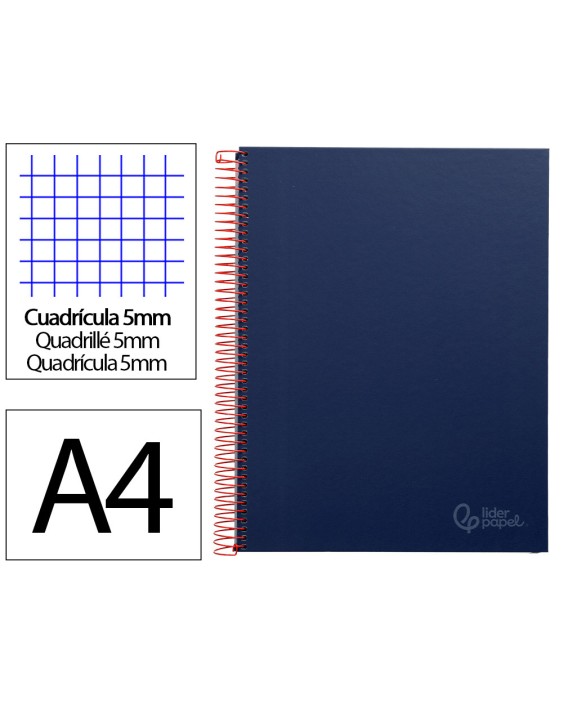 Cuaderno espiral liderpapel a4 micro jolly tapa forrada 140h 75gr cuadro 5mm 5 bandas 4 taladros color azul