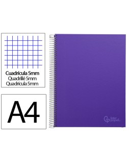 Cuaderno espiral liderpapel a4 micro jolly tapa forrada 140h 75gr cuadro 5mm 5 bandas 4 taladros color lila