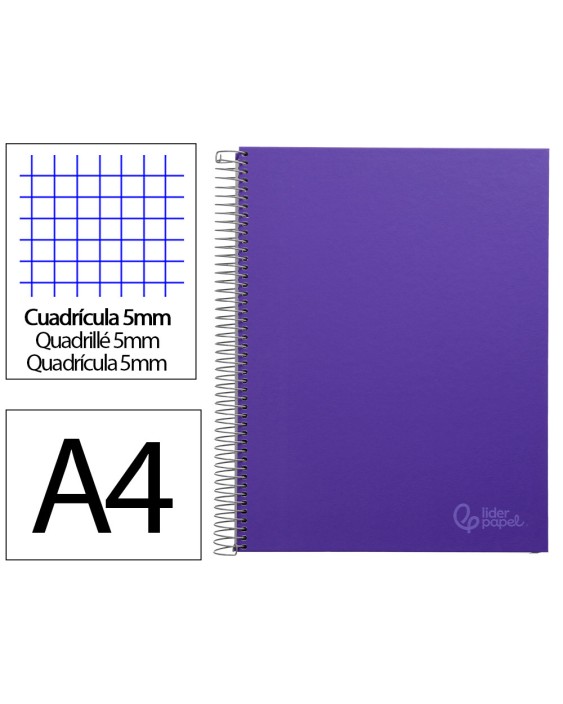 Cuaderno espiral liderpapel a4 micro jolly tapa forrada 140h 75gr cuadro 5mm 5 bandas 4 taladros color lila