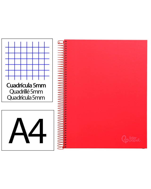 Cuaderno espiral liderpapel a4 micro jolly tapa forrada 140h 75gr cuadro 5mm 5 bandas 4 taladros color rojo