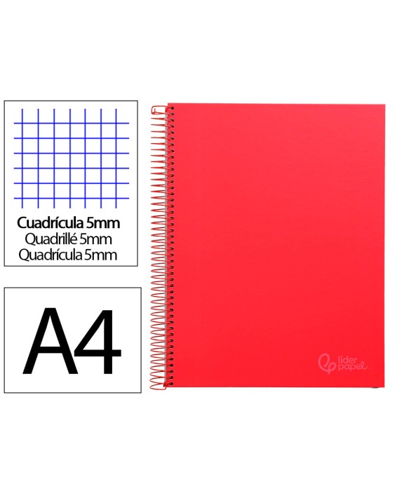 Cuaderno espiral liderpapel a4 micro jolly tapa forrada 140h 75gr cuadro 5mm 5 bandas 4 taladros color rojo