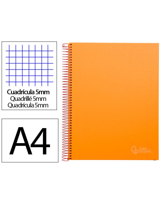 Cuaderno espiral liderpapel a4 micro jolly tapa forrada 140h 75gr cuadro 5mm 5 bandas 4 taladros color naranja