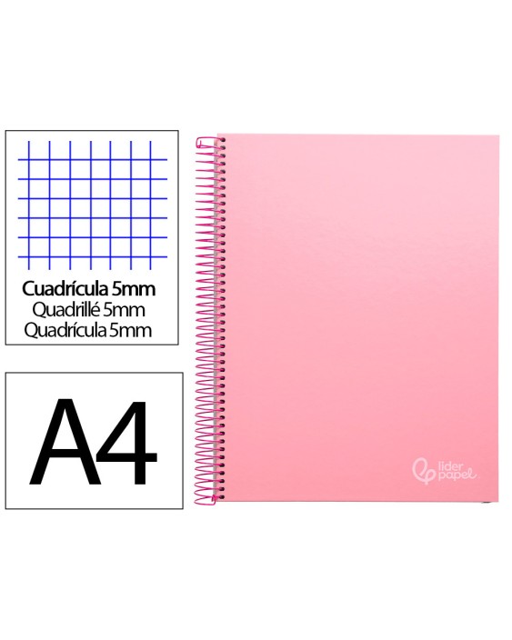 Cuaderno espiral liderpapel a4 micro jolly tapa forrada 140h 75gr cuadro 5mm 5 bandas 4 taladros color rosa