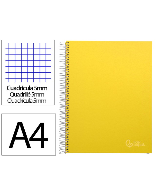 Cuaderno espiral liderpapel a4 micro jolly tapa forrada 140h 75gr cuadro 5mm 5 bandas 4 taladros color amarillo