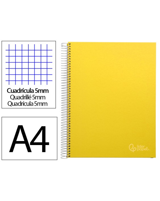 Cuaderno espiral liderpapel a4 micro jolly tapa forrada 140h 75gr cuadro 5mm 5 bandas 4 taladros color amarillo