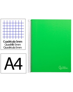 Cuaderno espiral liderpapel a4 micro jolly tapa forrada 140h 75gr cuadro 5mm 5 bandas 4 taladros color verde